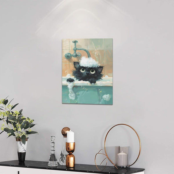 Cat Bathroom Wall Art Cute Black Cat Pictures Farmhouse Rustic Bathtub Wall Decor Canvas Print Painting Artwork