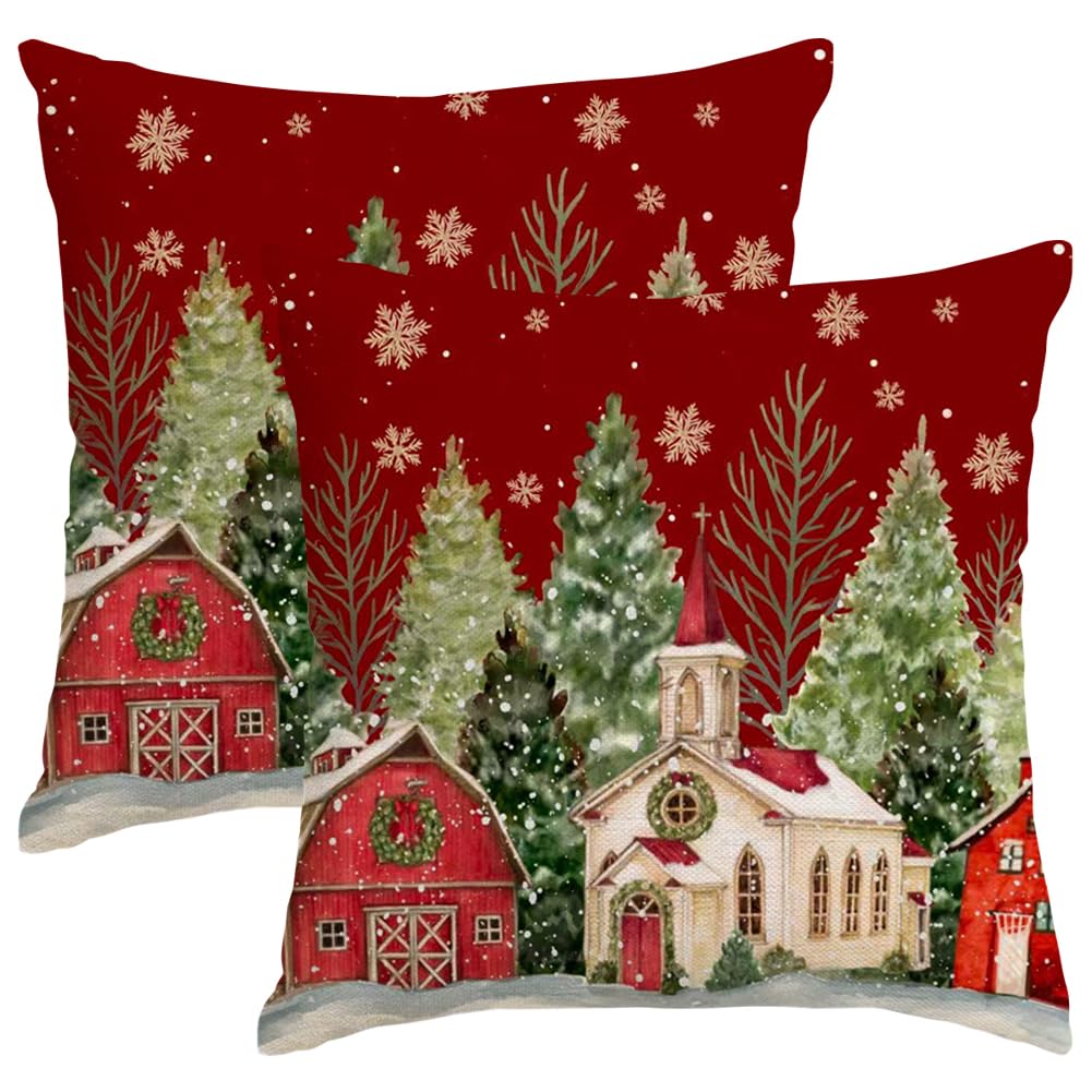 Christmas Pillow Covers 18x18 Inch Set of 2 Christmas Tree Decoration Golden Snowflake Red