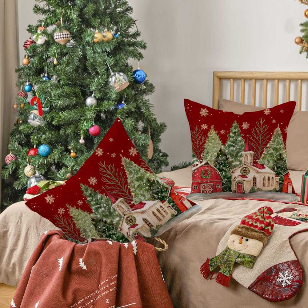 Christmas Pillow Covers 18x18 Inch Set of 2 Christmas Tree Decoration Golden Snowflake Red