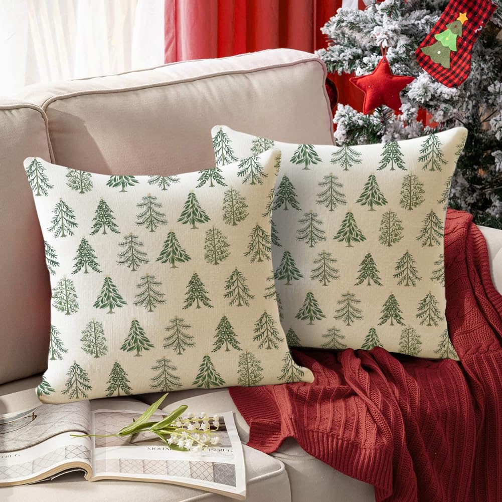 Christmas Pillow Covers 18x18 Inch Set of 2 Christmas Tree Decorations White Decorative Throw Pillows