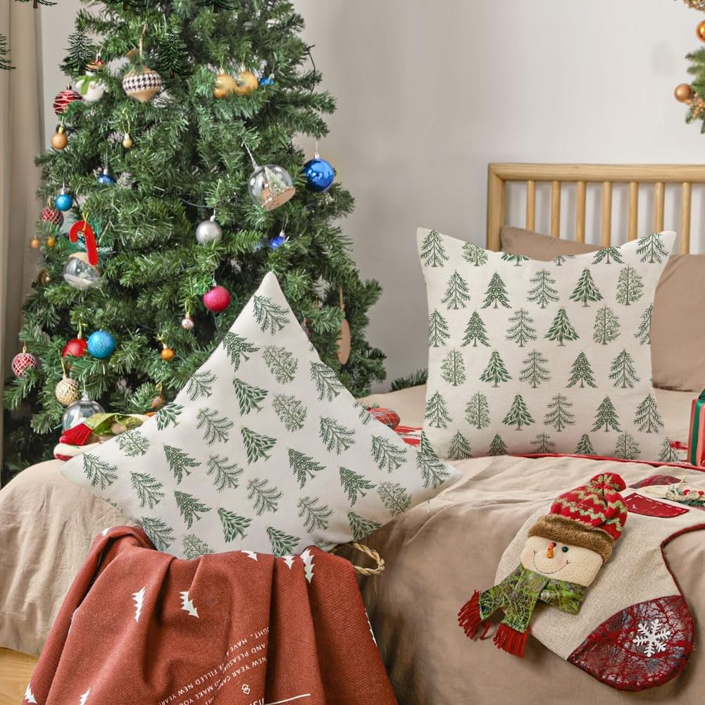 Christmas Pillow Covers 18x18 Inch Set of 2 Christmas Tree Decorations White Decorative Throw Pillows