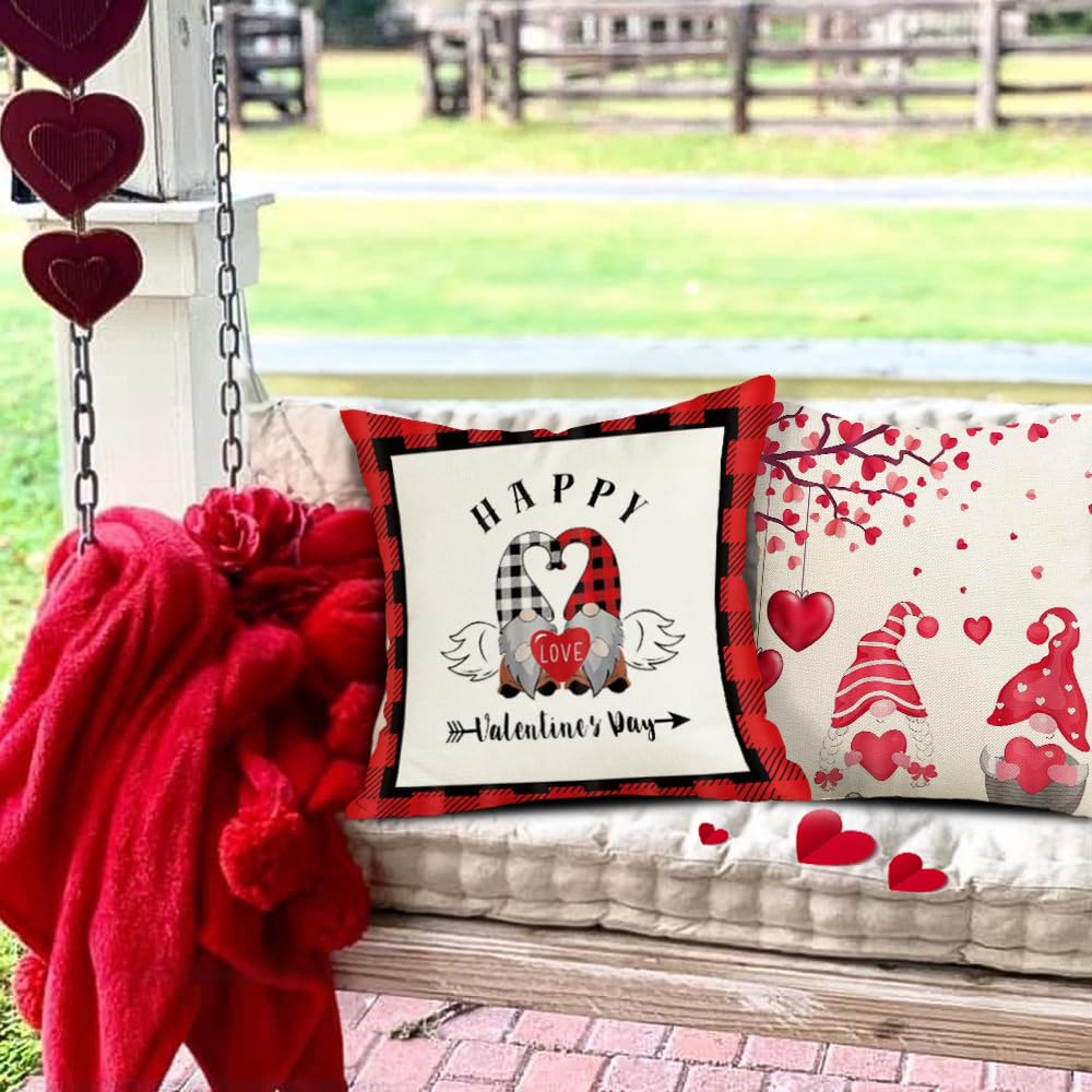 Gnome Happy Valentine's Day Love Truck Throw Pillow Covers,18x18 Inch Red Heart Love Never Fails Buffalo Plaid