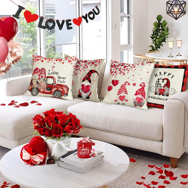 Gnome Happy Valentine's Day Love Truck Throw Pillow Covers,18x18 Inch Red Heart Love Never Fails Buffalo Plaid