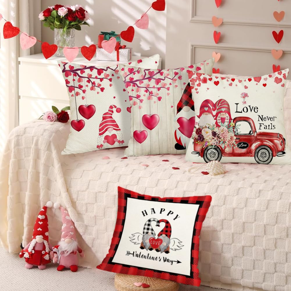 Gnome Happy Valentine's Day Love Truck Throw Pillow Covers,18x18 Inch Red Heart Love Never Fails Buffalo Plaid