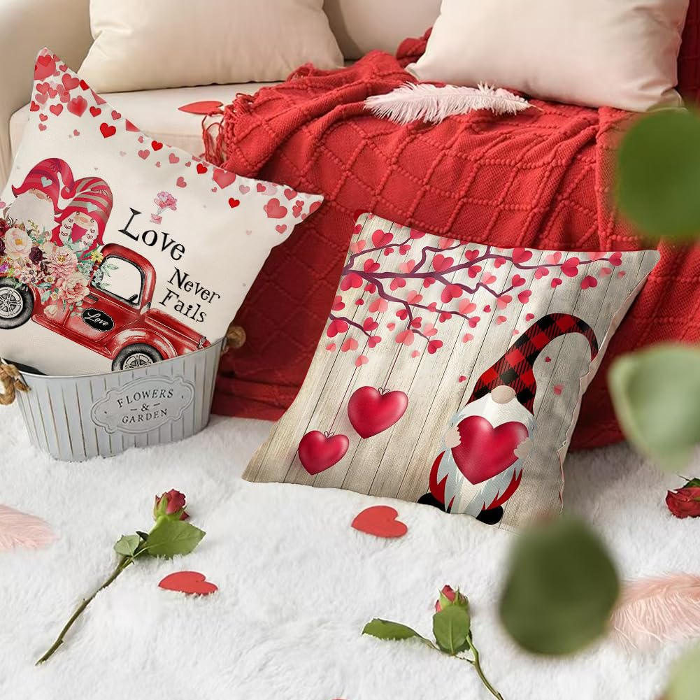 Gnome Happy Valentine's Day Love Truck Throw Pillow Covers,18x18 Inch Red Heart Love Never Fails Buffalo Plaid