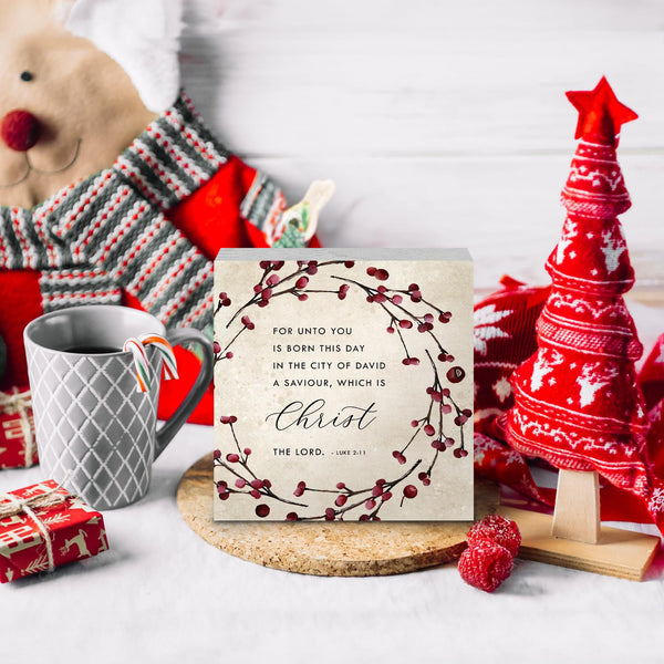 Christmas Bible Verse Luke 2:11 Wooden Box Sign, Christian Decor with Holly Berries, 5x5 Inch