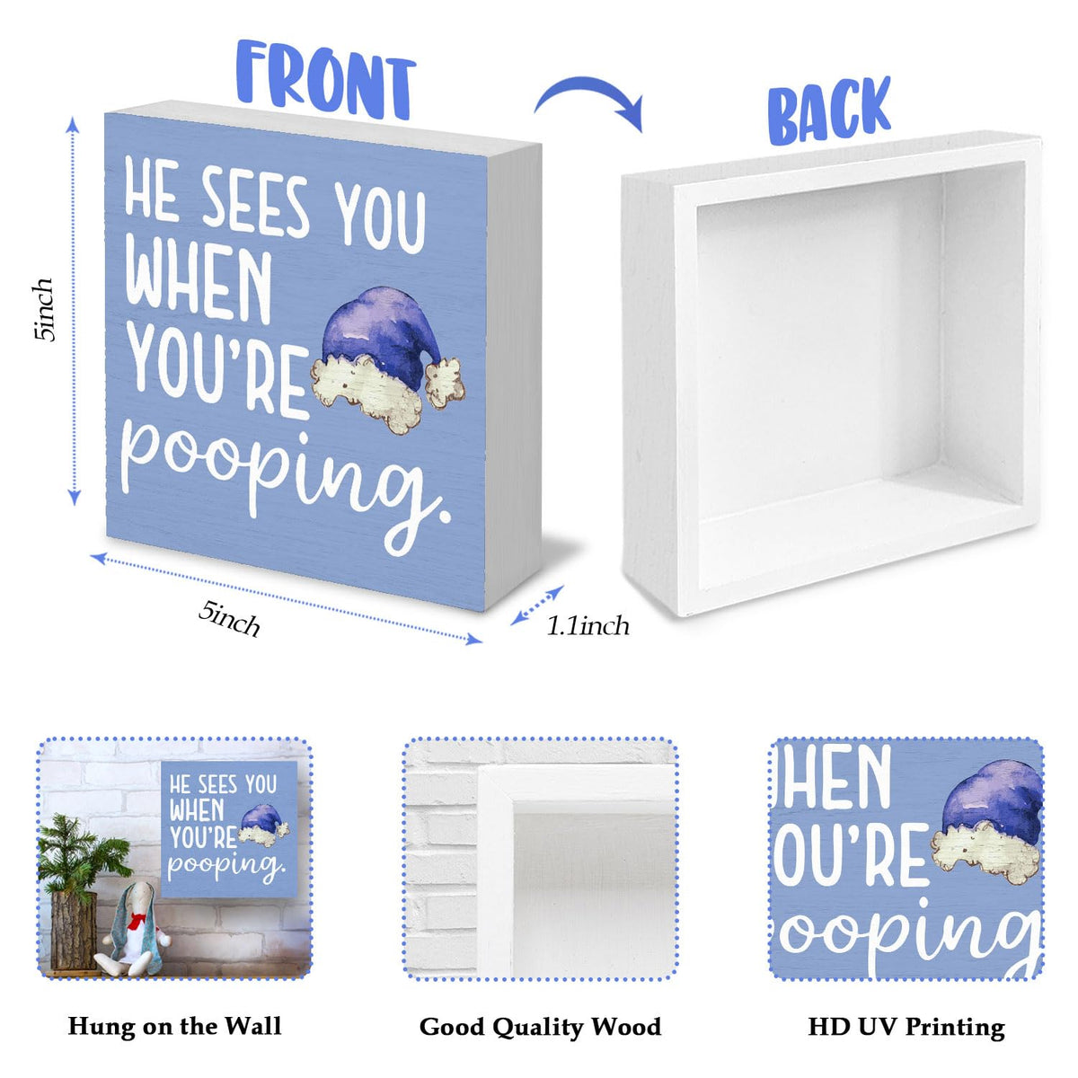 Funny Christmas Bathroom Wooden Box Signs, Christmas Funny Bathroom Decor, He Sees You When You're Pooping