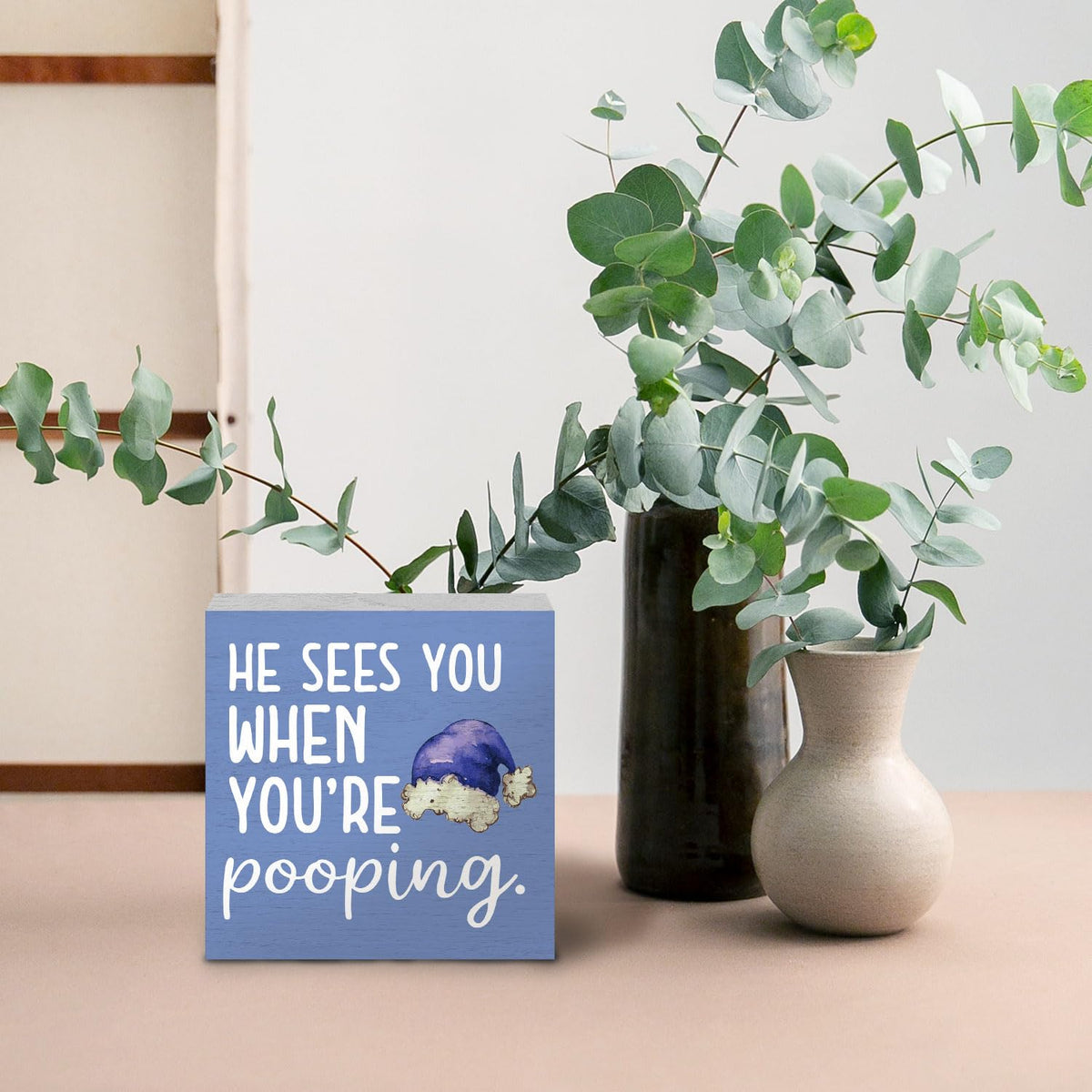 Funny Christmas Bathroom Wooden Box Signs, Christmas Funny Bathroom Decor, He Sees You When You're Pooping