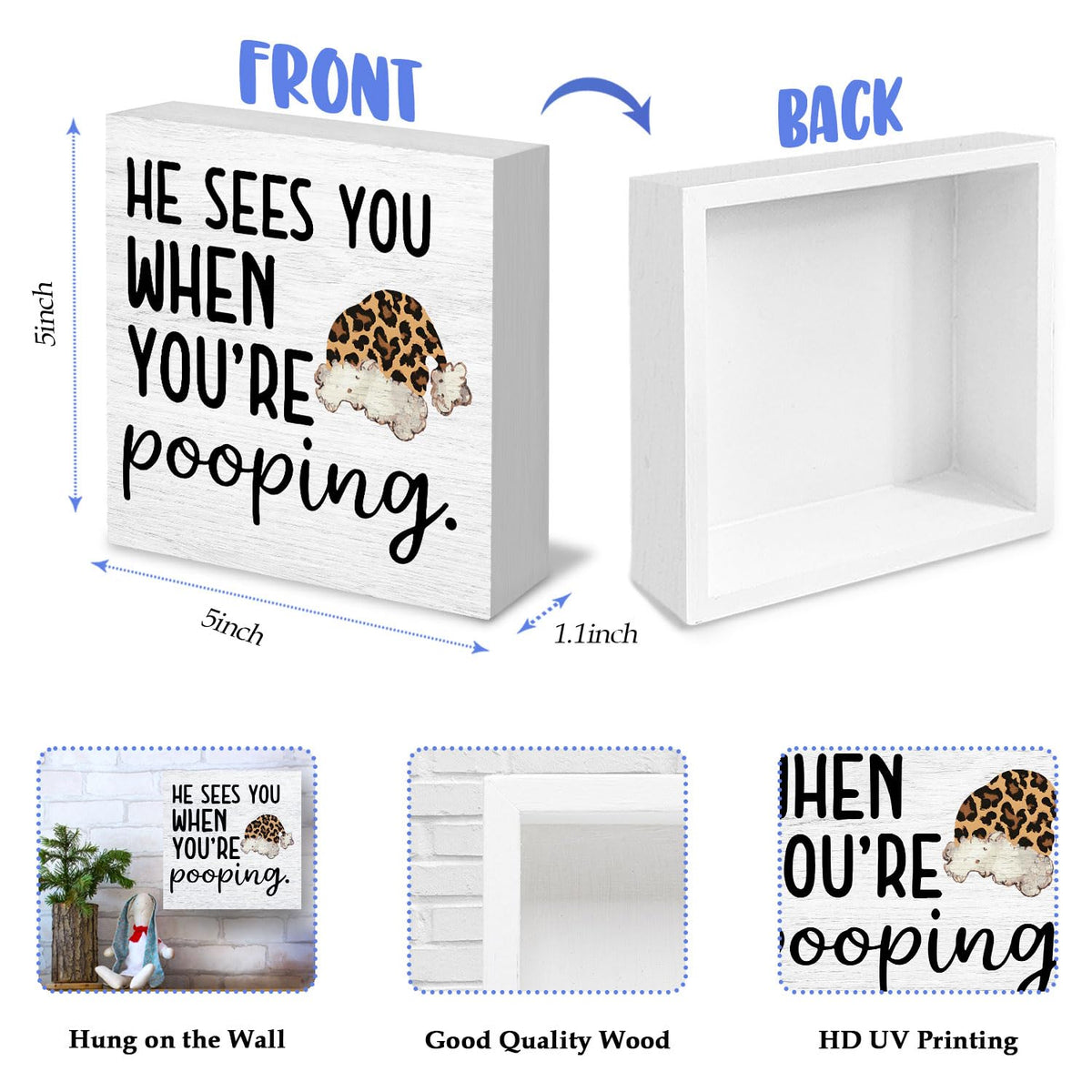 Funny Leopard Christmas Bathroom Wood Box Signs, He Sees You When You're Pooping Sign, Christmas Cheetah Print Santa Hat