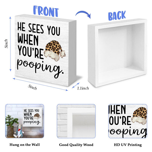 Funny Leopard Christmas Bathroom Wood Box Signs, He Sees You When You're Pooping Sign, Christmas Cheetah Print Santa Hat