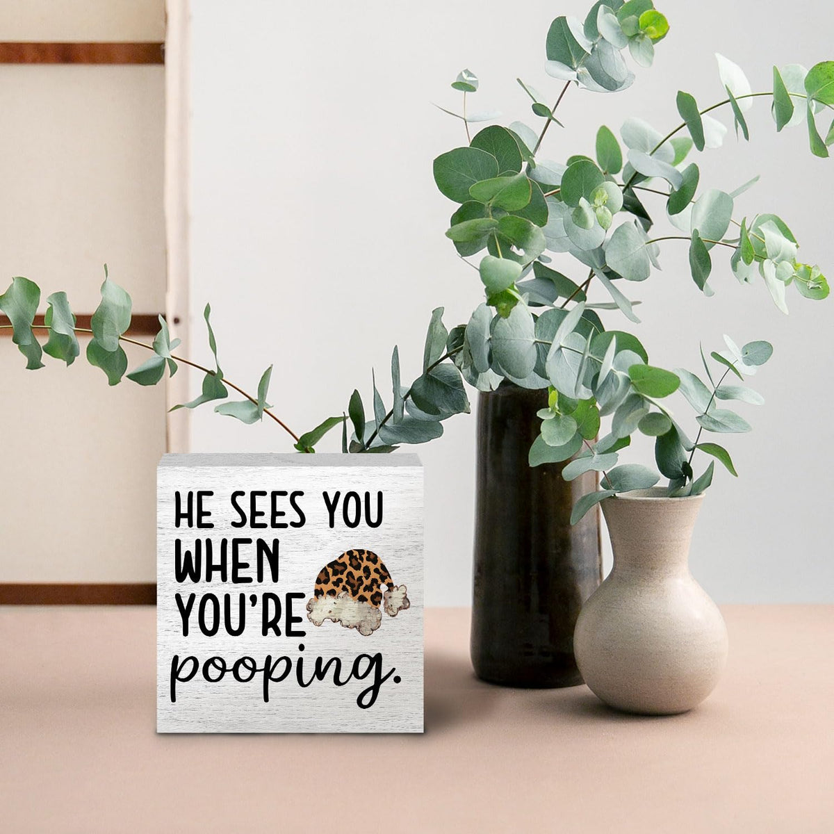 Funny Leopard Christmas Bathroom Wood Box Signs, He Sees You When You're Pooping Sign, Christmas Cheetah Print Santa Hat