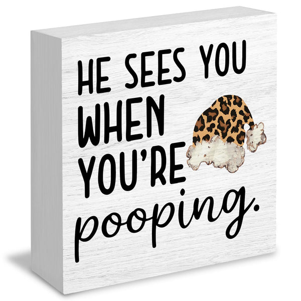 Funny Leopard Christmas Bathroom Wood Box Signs, He Sees You When You're Pooping Sign, Christmas Cheetah Print Santa Hat