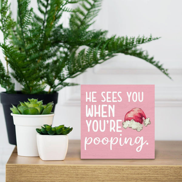 Funny Christmas Bathroom Wooden Box Signs, Christmas Funny Bathroom Decor, He Sees You When You're Pooping Pink
