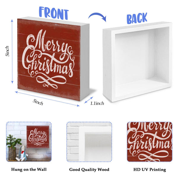 Merry Christmas Wooden Box Sign - Red Christmas Decor, Wood Sign for Home Office Desk Shelf Table Decor, 5x5 Inch