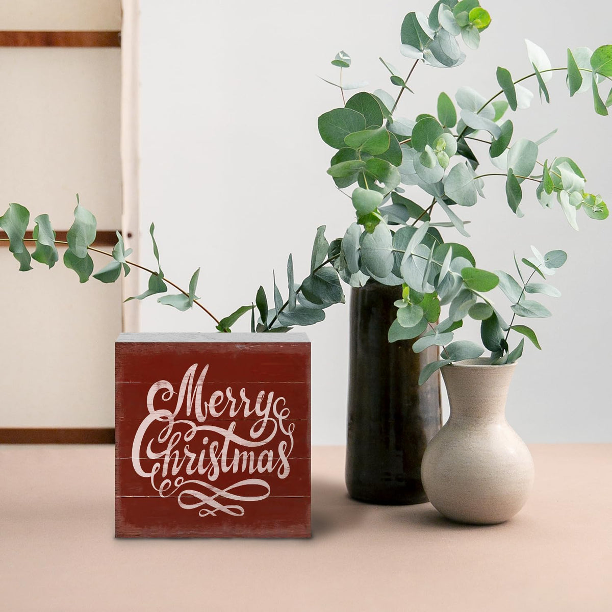 Merry Christmas Wooden Box Sign - Red Christmas Decor, Wood Sign for Home Office Desk Shelf Table Decor, 5x5 Inch