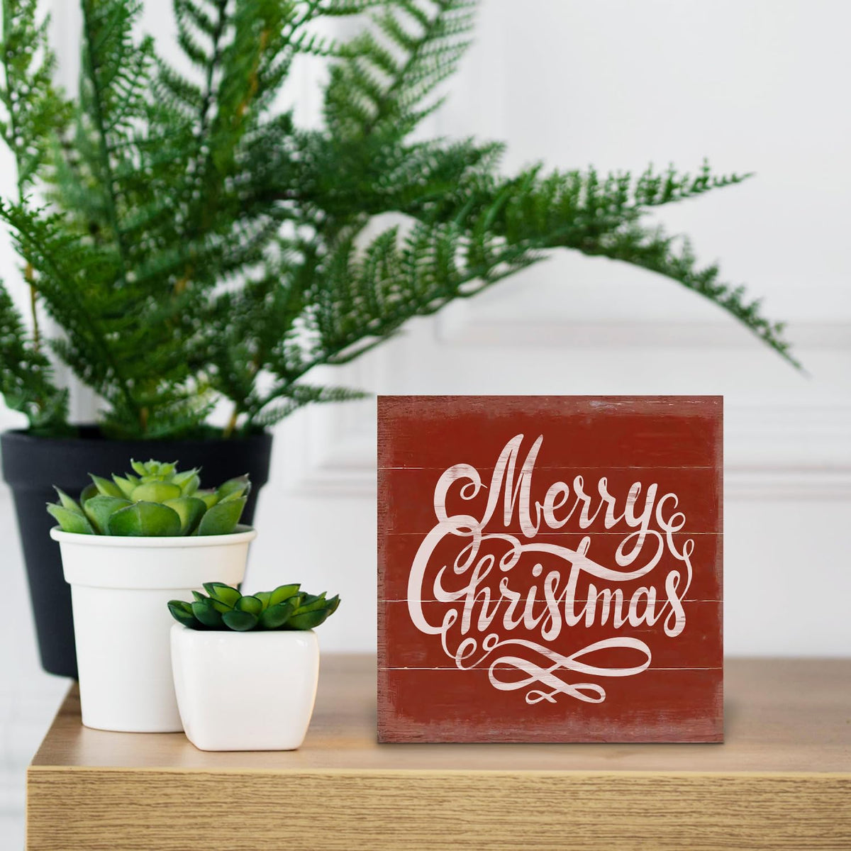 Merry Christmas Wooden Box Sign - Red Christmas Decor, Wood Sign for Home Office Desk Shelf Table Decor, 5x5 Inch