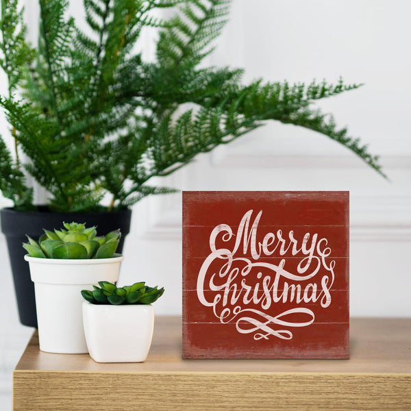 Merry Christmas Wooden Box Sign - Red Christmas Decor, Wood Sign for Home Office Desk Shelf Table Decor, 5x5 Inch