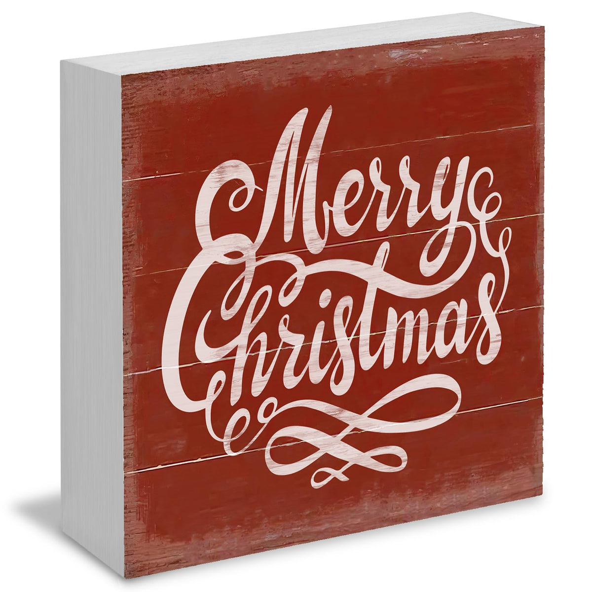 Merry Christmas Wooden Box Sign - Red Christmas Decor, Wood Sign for Home Office Desk Shelf Table Decor, 5x5 Inch