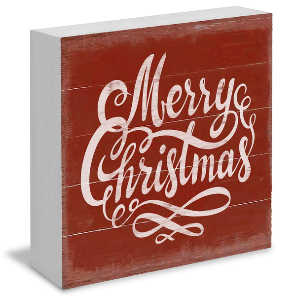 Merry Christmas Wooden Box Sign - Red Christmas Decor, Wood Sign for Home Office Desk Shelf Table Decor, 5x5 Inch