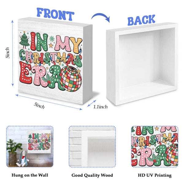 Groovy Retro Merry Christmas Wooden Signs - Disco Era Decor for Home Office Desk Table Shelf, 5x5 Inch