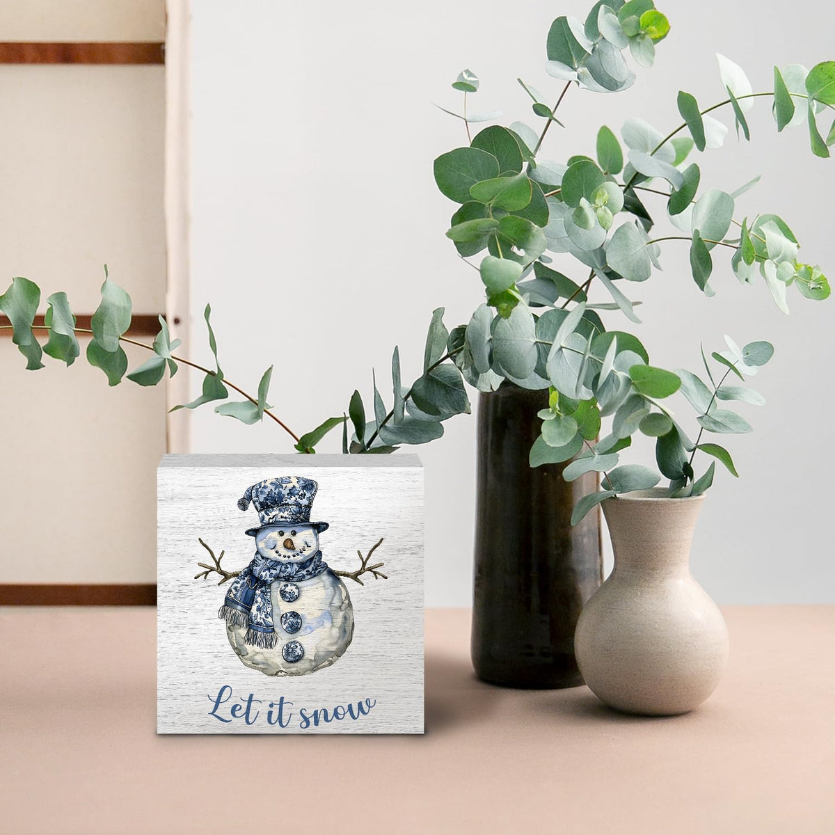 Let Snow Sign, Chinoiserie Blue and White Snowman Christmas Wooden Box Sign, Grandmillennial Home Decor