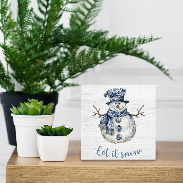 Let Snow Sign, Chinoiserie Blue and White Snowman Christmas Wooden Box Sign, Grandmillennial Home Decor