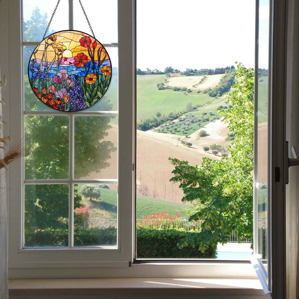 Wildflowers Sun Catcher 7.87'' Stained Glass Window Hanging Plant Lover Gifts for Women Wildflowers Wall Decor