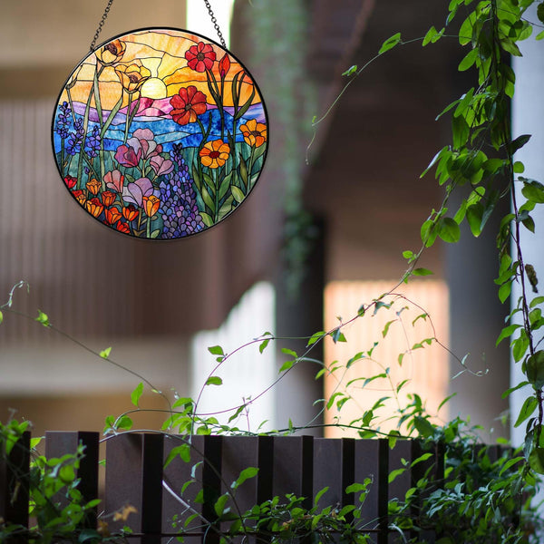 Wildflowers Sun Catcher 7.87'' Stained Glass Window Hanging Plant Lover Gifts for Women Wildflowers Wall Decor
