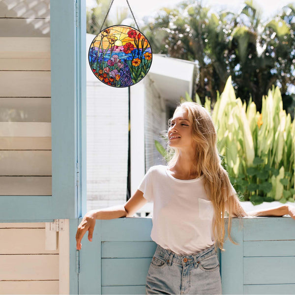 Wildflowers Sun Catcher 7.87'' Stained Glass Window Hanging Plant Lover Gifts for Women Wildflowers Wall Decor