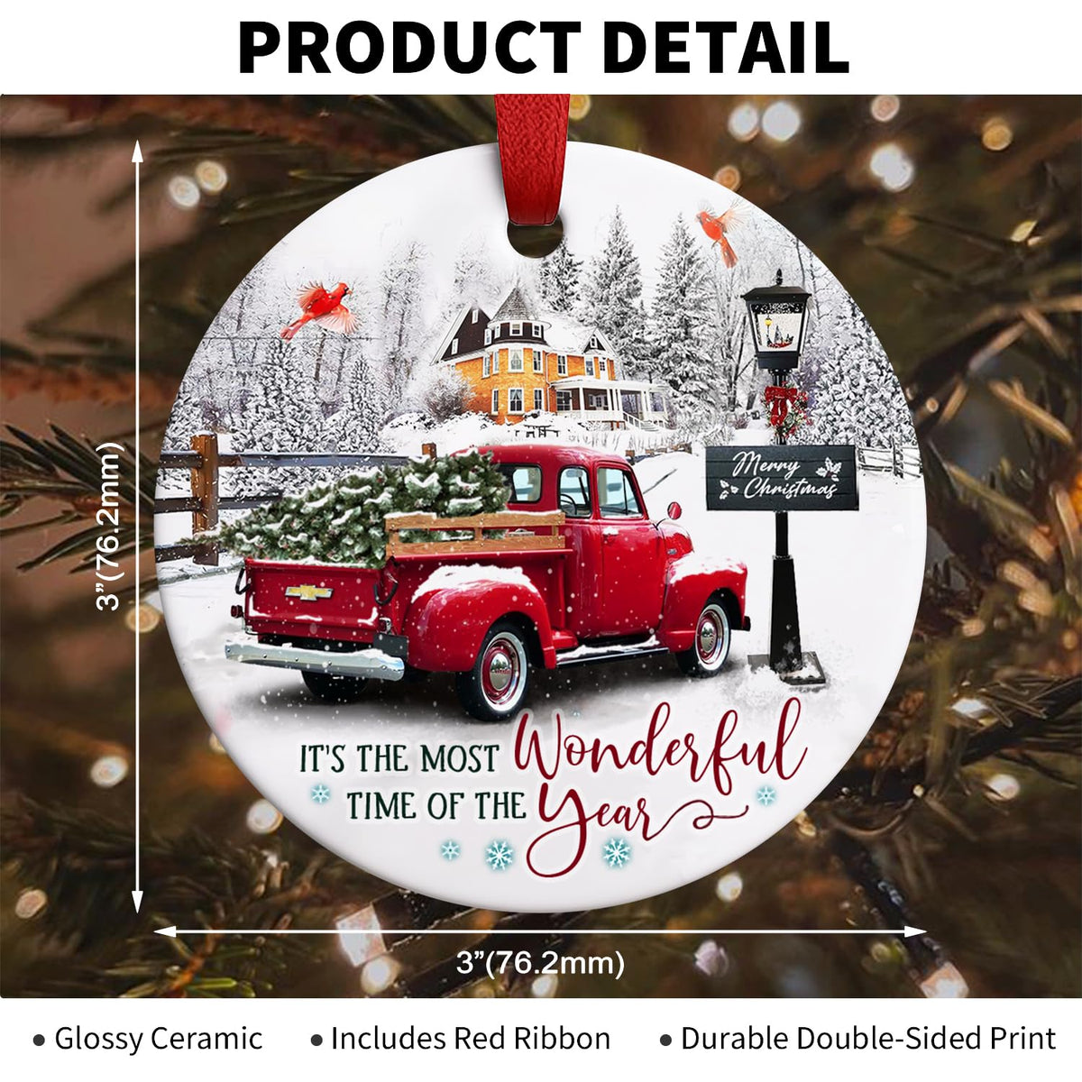 Red Truck Christmas Ornaments Farmhouse Decorations, It's The Most Wonderful Time of The Year Christmas Ornament 2025 for Xmas Tree