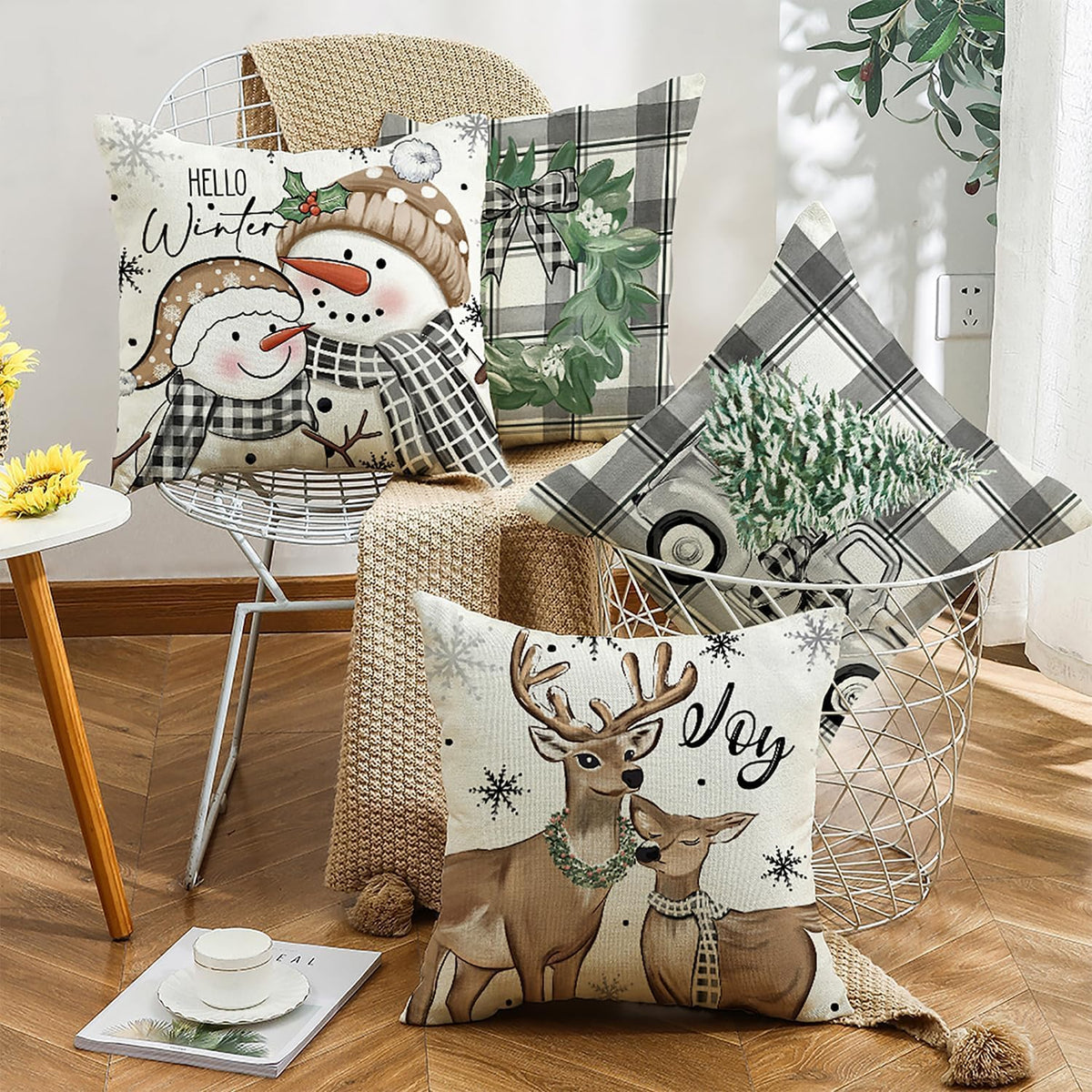 Christmas Pillow Covers 18x18 inch Set of 4 Merry Christmas Plaid Throw Pillow Cases Snowman Reindeer Wreath Tree