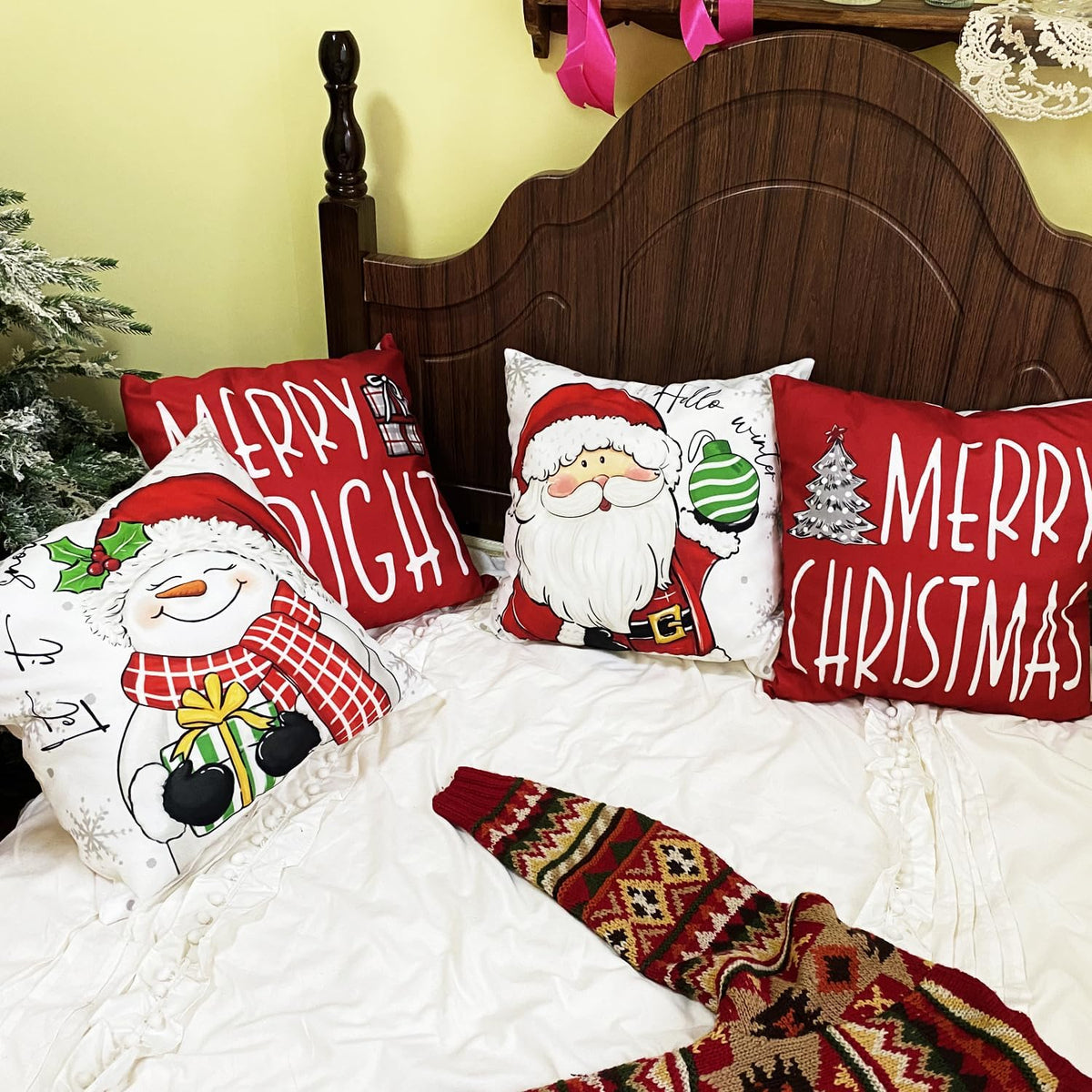 Christmas Pillow Covers 18x18 Inch Set of 4 Merry Christmas Red Throw Pillow Cases