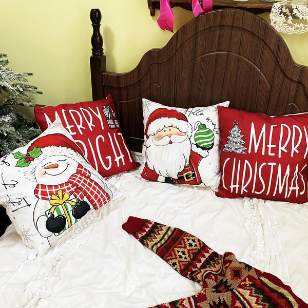 Christmas Pillow Covers 18x18 Inch Set of 4 Merry Christmas Red Throw Pillow Cases