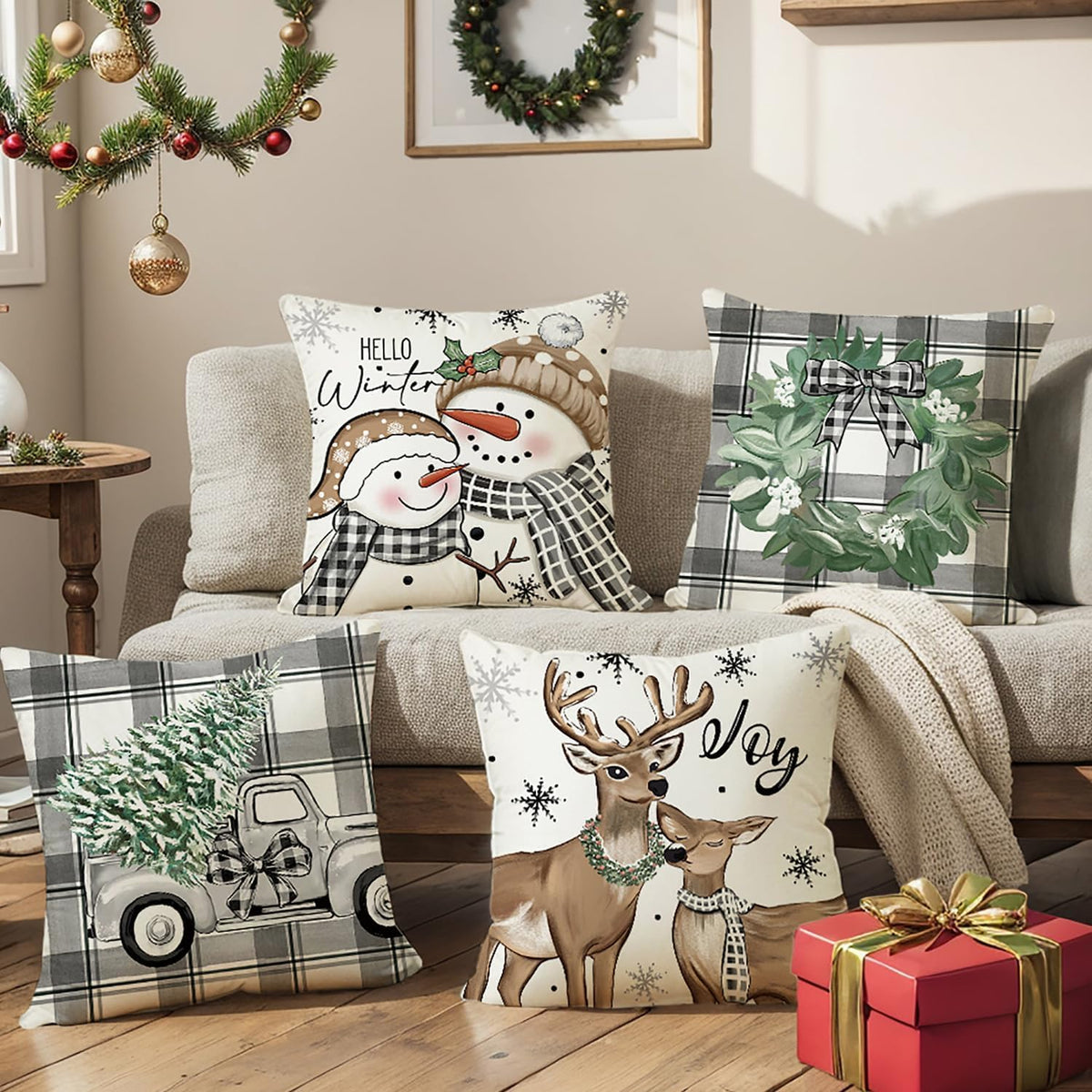 Christmas Pillow Covers 18x18 inch Set of 4 Merry Christmas Plaid Throw Pillow Cases Snowman Reindeer Wreath Tree