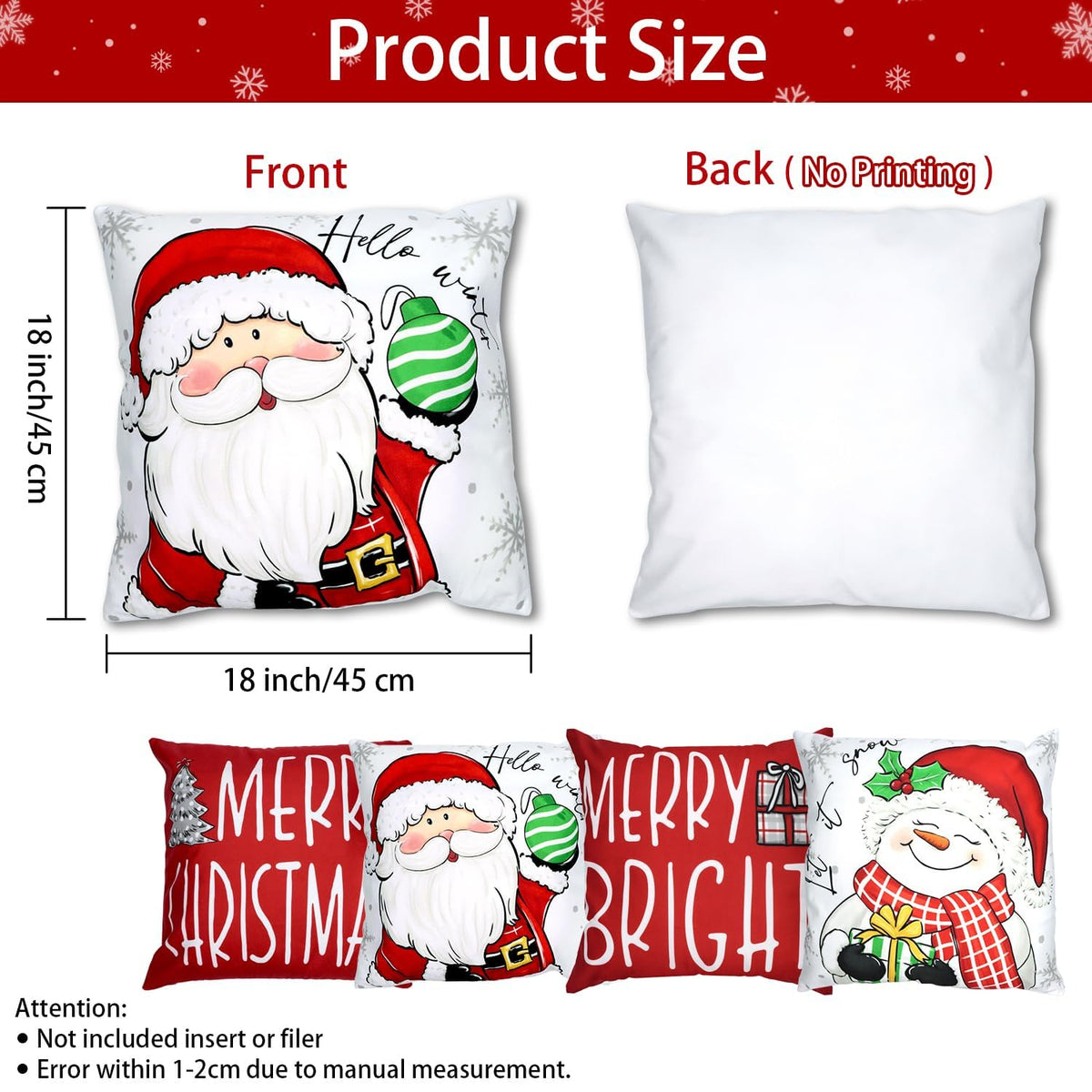 Christmas Pillow Covers 18x18 Inch Set of 4 Merry Christmas Red Throw Pillow Cases