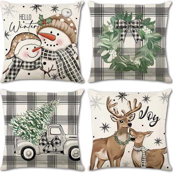 Christmas Pillow Covers 18x18 inch Set of 4 Merry Christmas Plaid Throw Pillow Cases Snowman Reindeer Wreath Tree