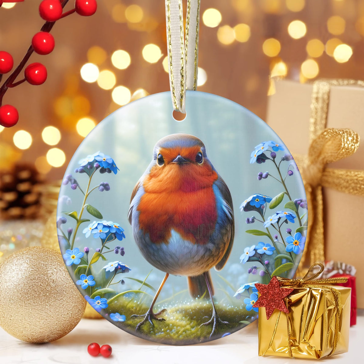 Robin Christmas Ornament, 3 Inch Ceramic Christmas Hanging Ornament, Robin Decor, Christmas Tree Ornaments