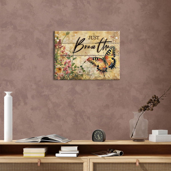 Just Breathe Wall Art Rustic Black and Gold Butterfly Wall Decor Farmhouse Flower Pictures