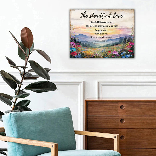 Scripture Wall Art Lamentations 3:22-23 Floral Wall Decor Wildflower Landscape Canvas Pictures