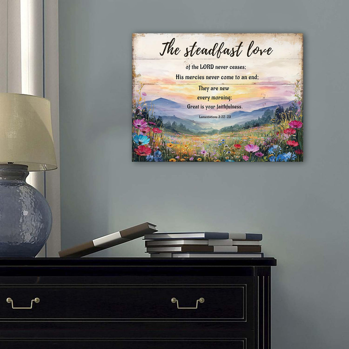Scripture Wall Art Lamentations 3:22-23 Floral Wall Decor Wildflower Landscape Canvas Pictures