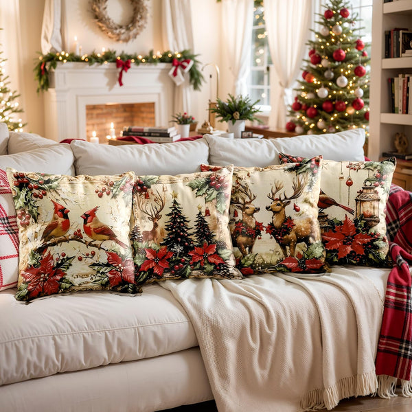 Christmas Throw Pillow Covers 18x18 Set of 4,Vintage American Linen Pillow Cases Cardinal Birds Tree