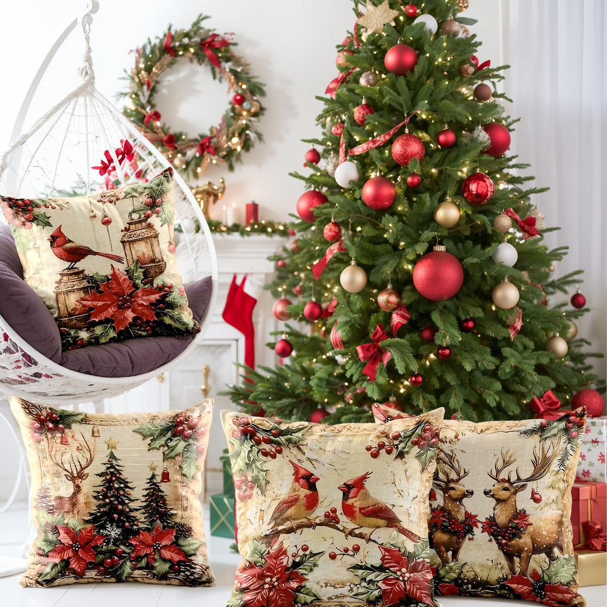 Christmas Throw Pillow Covers 18x18 Set of 4,Vintage American Linen Pillow Cases Cardinal Birds Tree