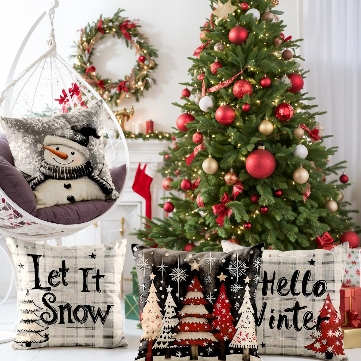 Christmas Throw Pillow Covers 18x18 Set of 4,Linen Pillow Cases Vintage Nordic Snowman Tree Plaid Gray White