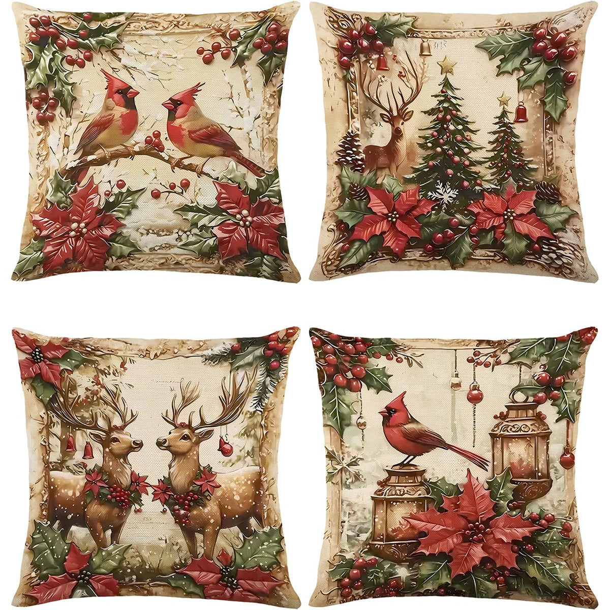 Christmas Throw Pillow Covers 18x18 Set of 4,Vintage American Linen Pillow Cases Cardinal Birds Tree