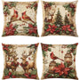 Christmas Throw Pillow Covers 18x18 Set of 4,Vintage American Linen Pillow Cases Cardinal Birds Tree