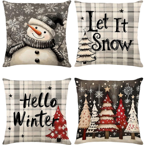 Christmas Throw Pillow Covers 18x18 Set of 4,Linen Pillow Cases Vintage Nordic Snowman Tree Plaid Gray White
