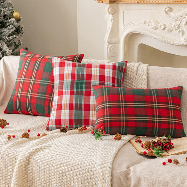 Set of 2 Red Christmas Scottish Plaid Throw Pillow Covers 18x18 Inch Green Woven Farmhouse Winter Decorative