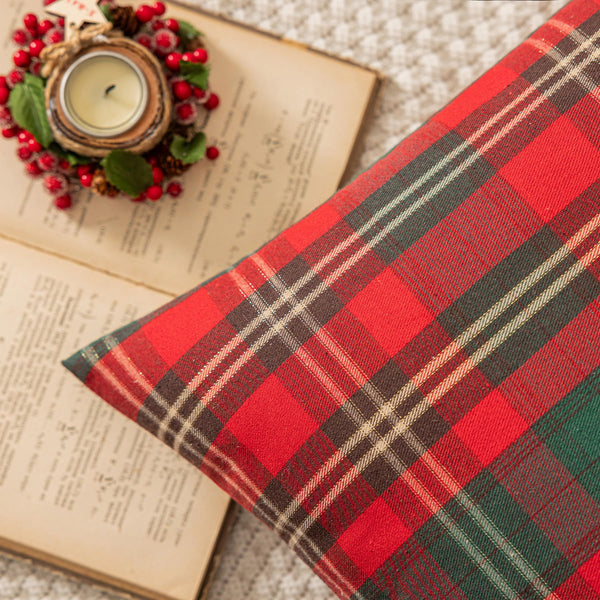 Set of 2 Red Christmas Scottish Plaid Throw Pillow Covers 18x18 Inch Green Woven Farmhouse Winter Decorative