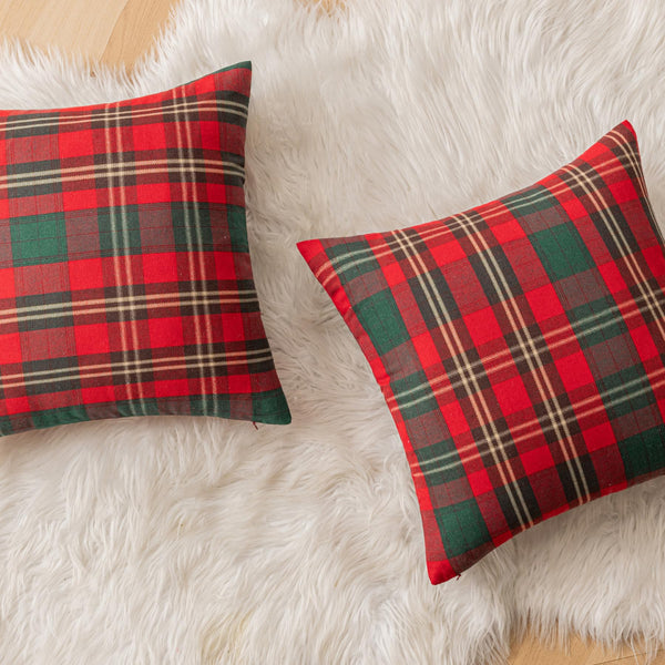 Set of 2 Red Christmas Scottish Plaid Throw Pillow Covers 18x18 Inch Green Woven Farmhouse Winter Decorative