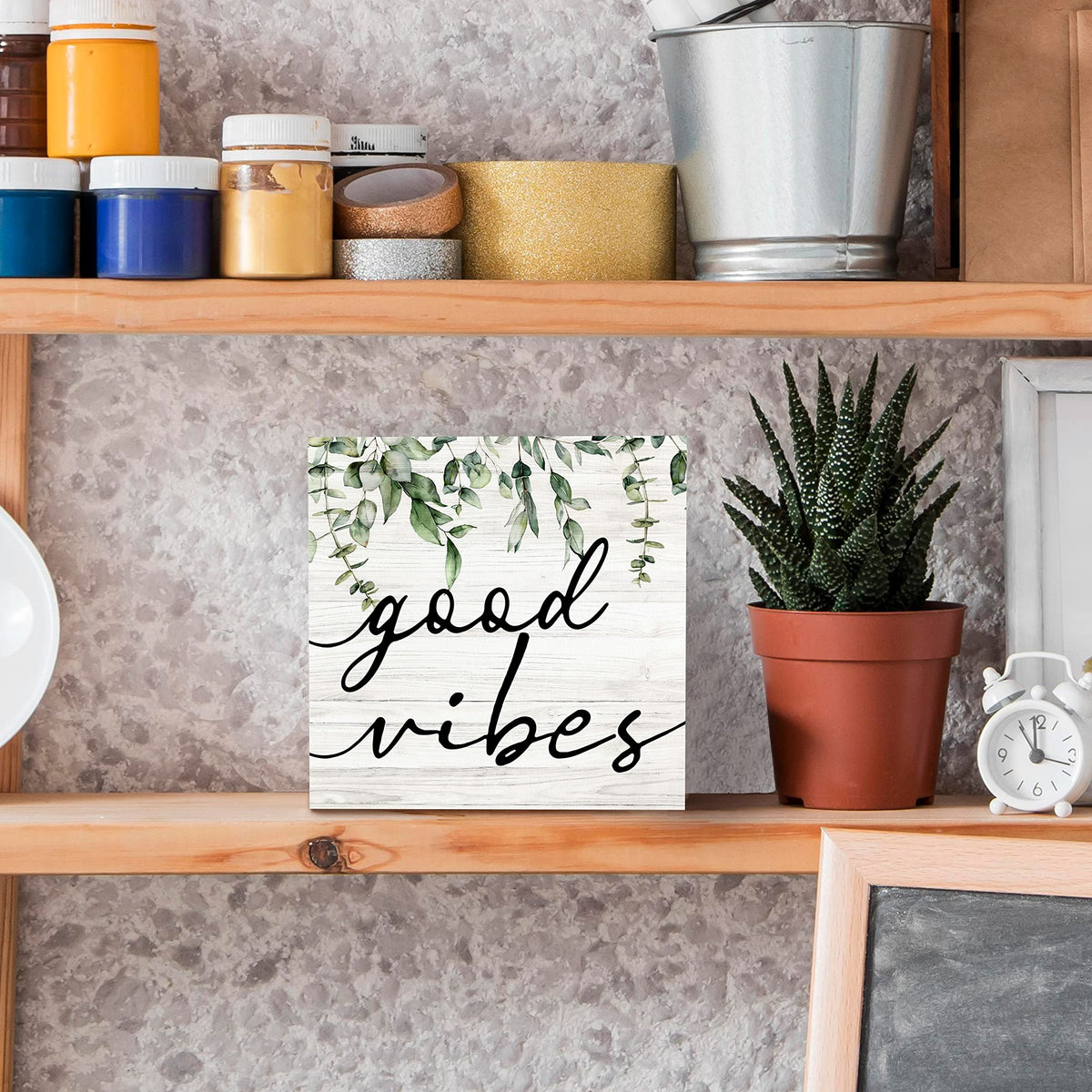 Botanical Eucalyptus Leaves Wood Box Sign Desk Decor, Rustic Eucalyptus Leaves Wooden Block Box Sign